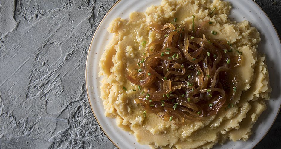 Greek Fava (Yellow split pea puree) with caramelized onions