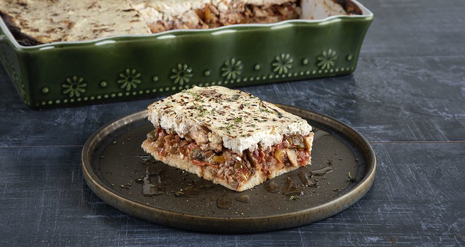 Chicken and pork belly au gratin