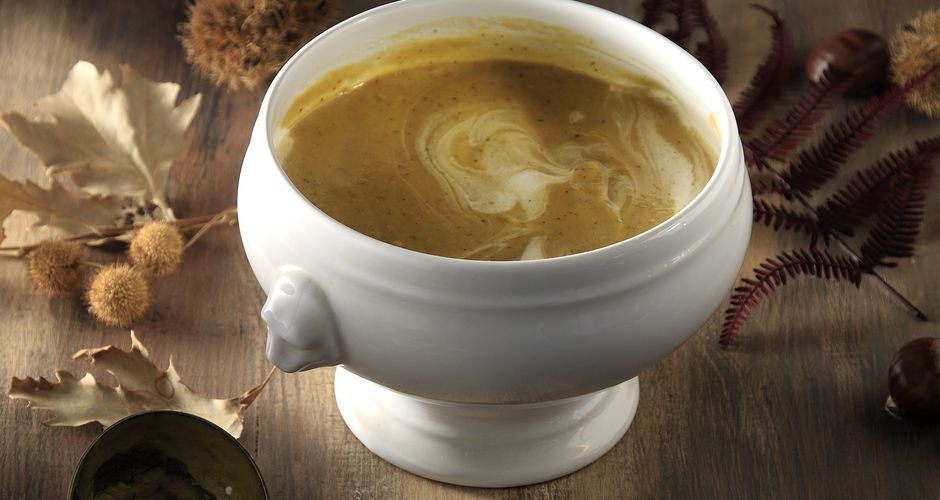 Roasted Pumpkin Soup with Chestnuts and Crispy Pancetta