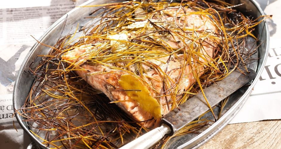 Smoked salmon in pine needles