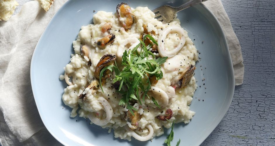Seafood tahini risotto