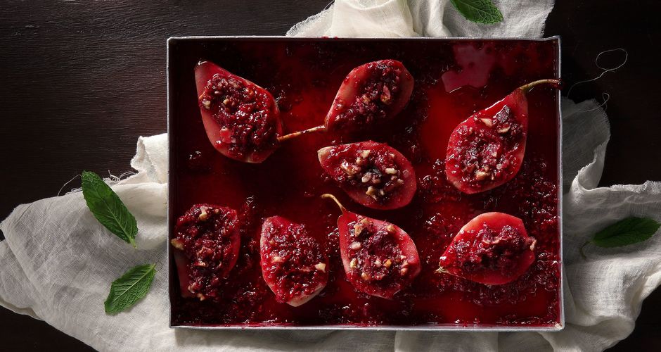 Roast Pears with Cranberries and Walnuts in a Honey-Wine Sauce