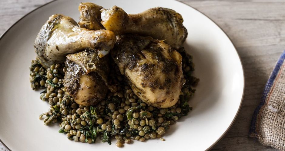 Drumsticks with a parmesan anchovy rub and lentil salad