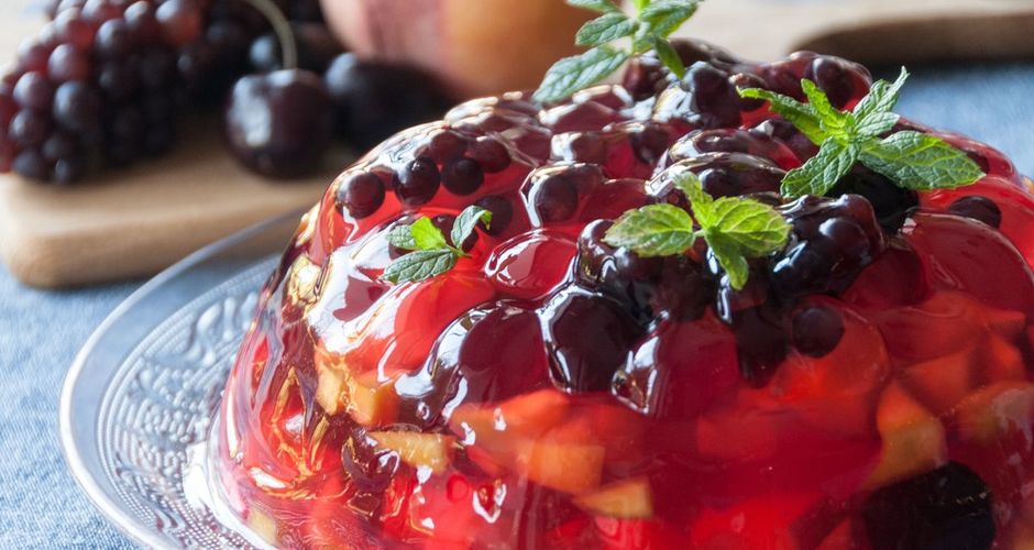 Green tea jello with fruits-image