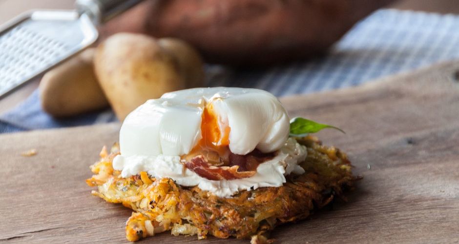 Sweet potato rosti with poached eggs Recipe Akis Petretzikis