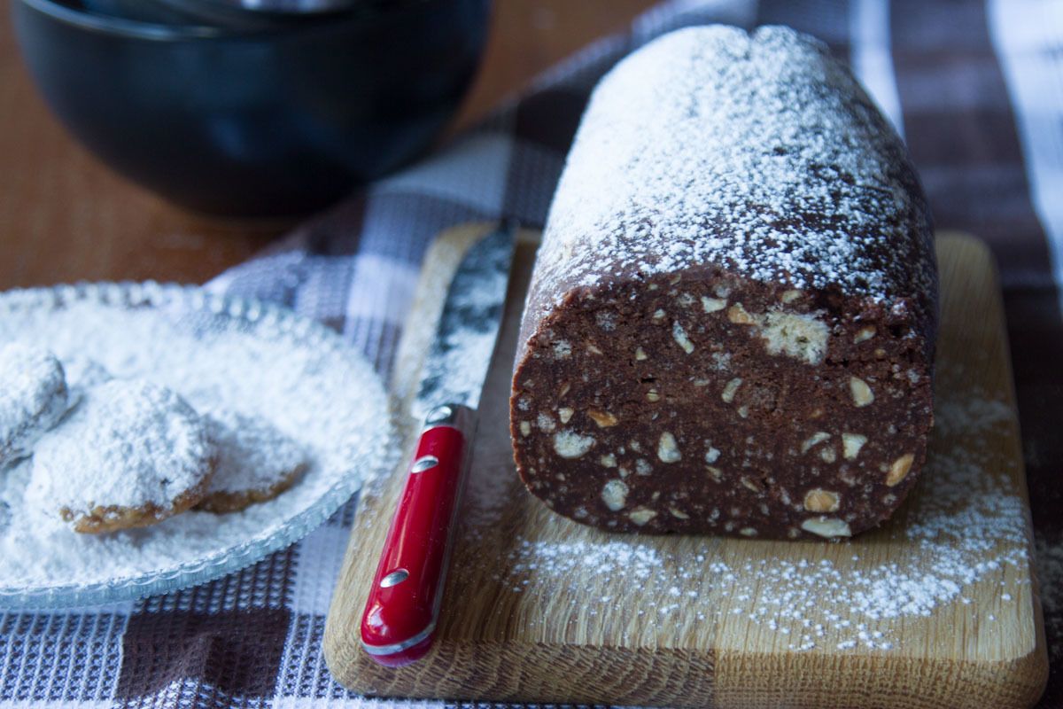 Greek chocolate almond cookie log Recipe Akis Petretzikis