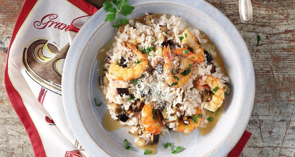 Shrimp and eggplant risotto