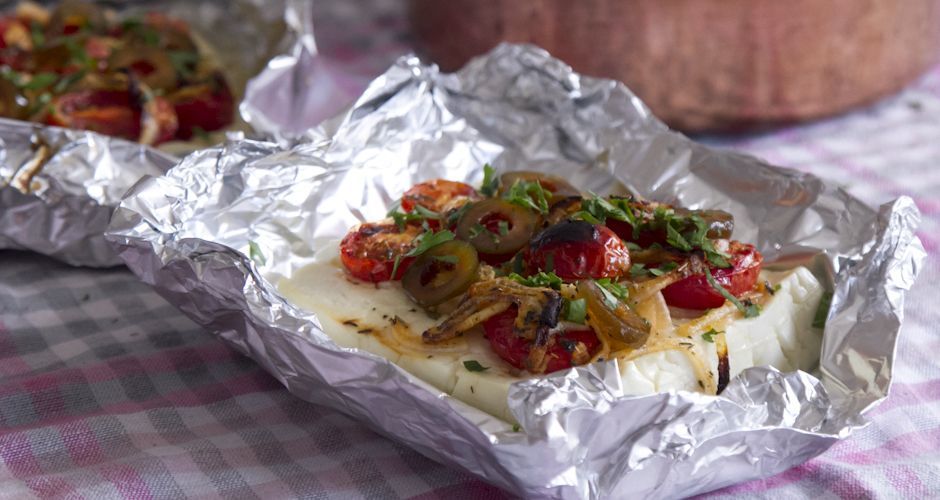 Roast Feta Cheese with Cherry Tomatoes and Olives